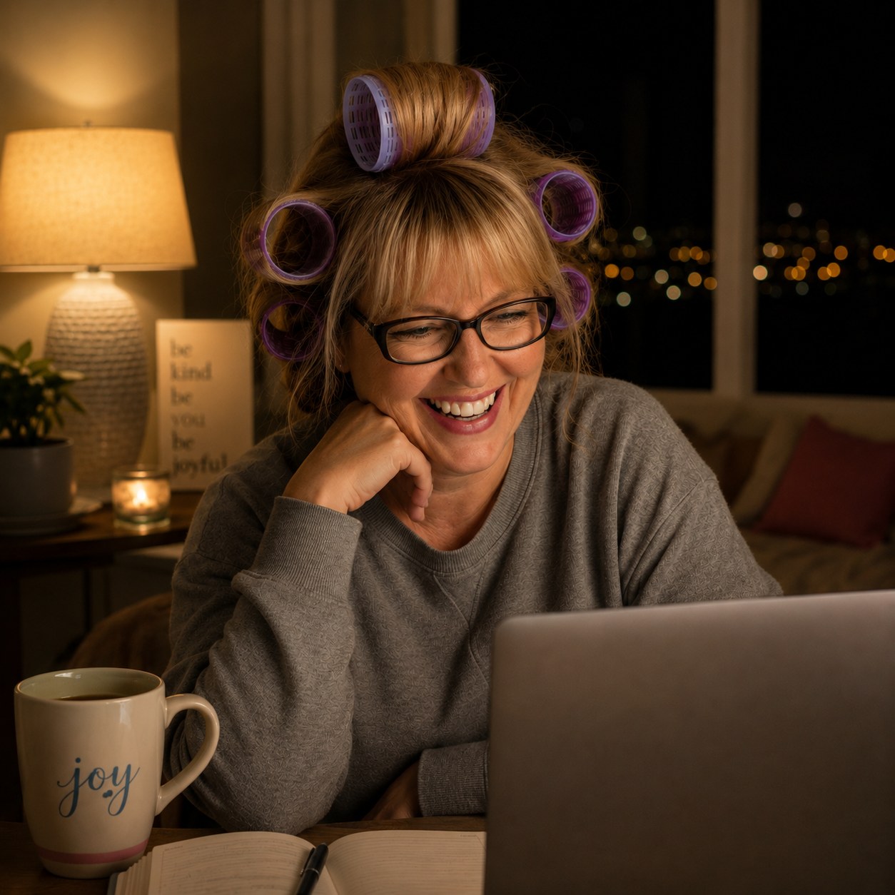 Lara in curlers and glasses, laughing at her laptop late at night, warm lamp beside her and city lights through a dark window.
