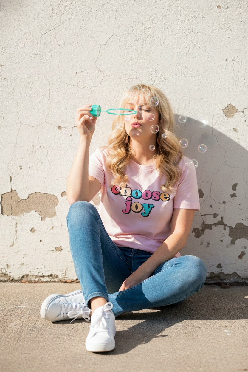 Lara sitting cross-legged against a sun-worn white wall in a 'Choose Joy' t-shirt, blowing bubbles.