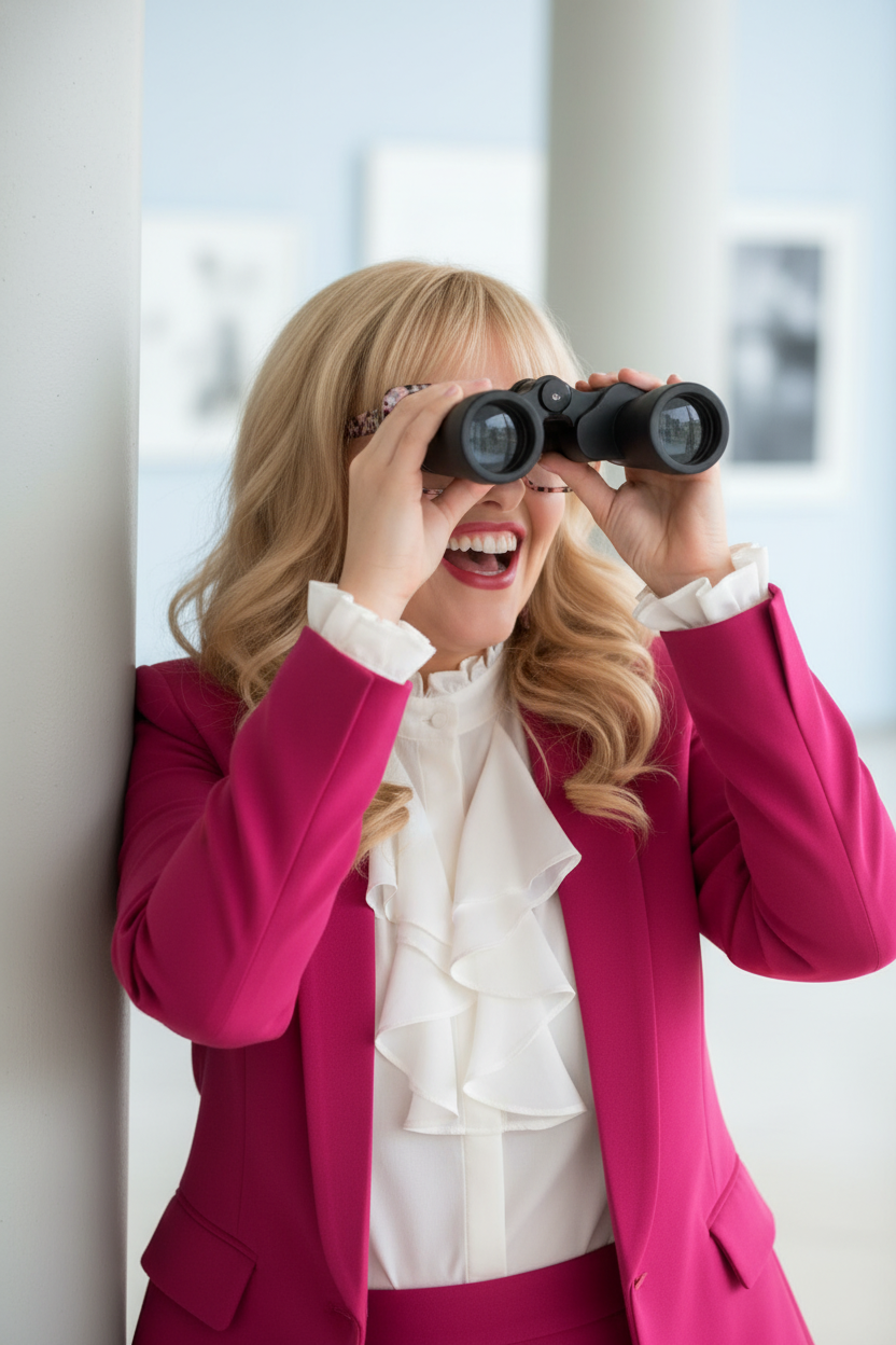 Lara laughing while looking through binoculars, wearing a bright pink blazer, in a bright indoor space.