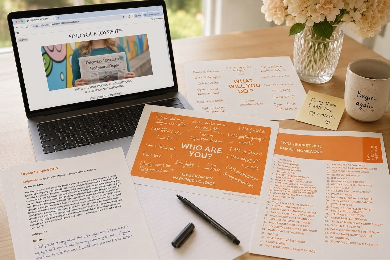 A desk flatlay with a laptop open to the JOYspot quiz, orange 'Who Are You?' and 'What Will You Do?' worksheets, a bucket-list handout, a mug reading 'Begin again,' and fresh flowers.