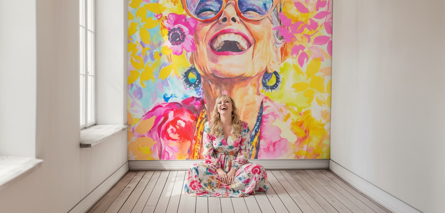 Lara sitting cross-legged on a wood floor, laughing, seated small beneath an enormous colorful painted mural of a laughing woman.
