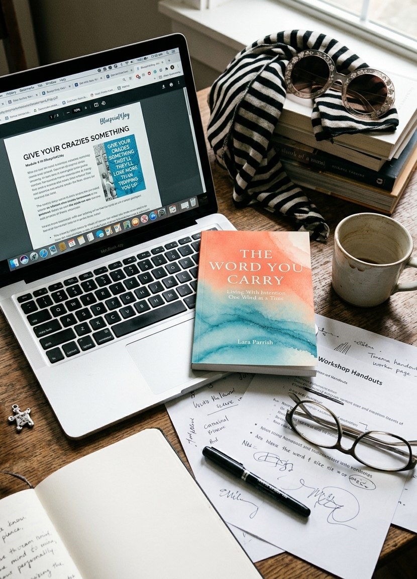 A desk scene with an open laptop, handwritten workshop notes, glasses and a pen, with a copy of 'The Word You Carry' resting on top of the papers.