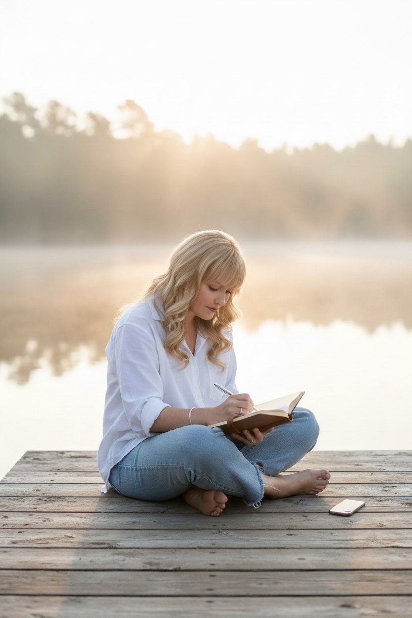 Lara sitting cross-legged on a quiet dock at sunrise, writing in her journal beside still water.