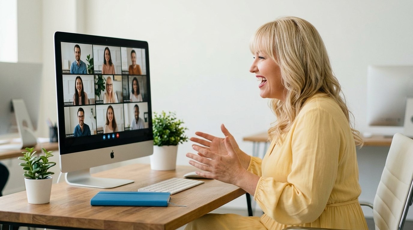 Lara laughing warmly at her desk during a video call, laptop screen showing a gallery of women joining the gathering.