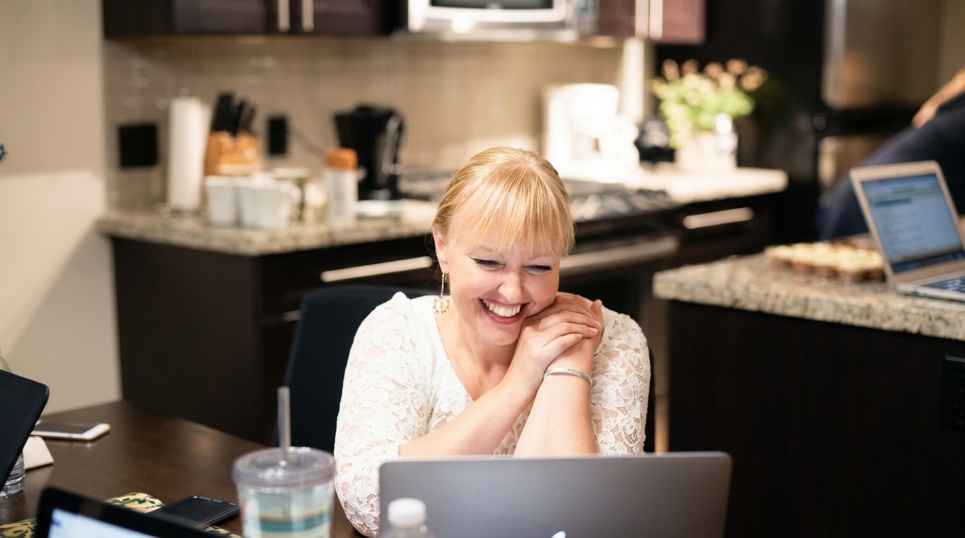 Lara laughing warmly at her laptop in a bright kitchen during a Consistency Corner gathering.