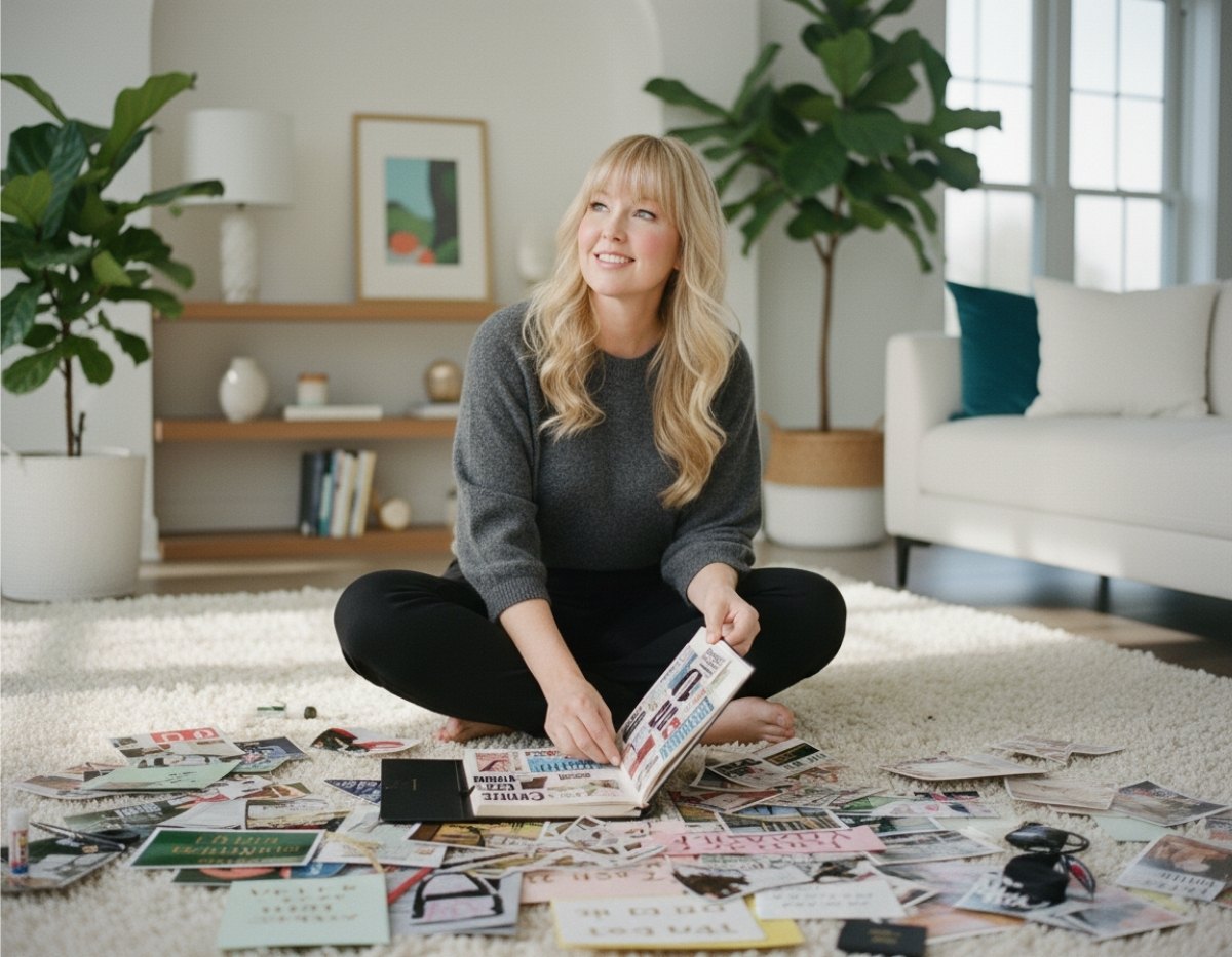 Lara creating a vision book surrounded by magazine clippings and inspiration images.