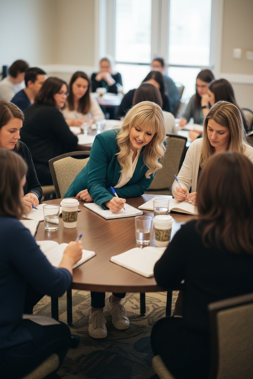 Lara standing between round tables facilitating a discussion.