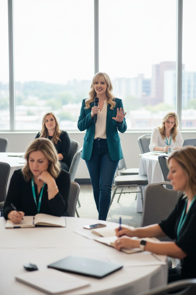 Lara speaking in a teal blazer in a conference room with floor-to-ceiling windows.