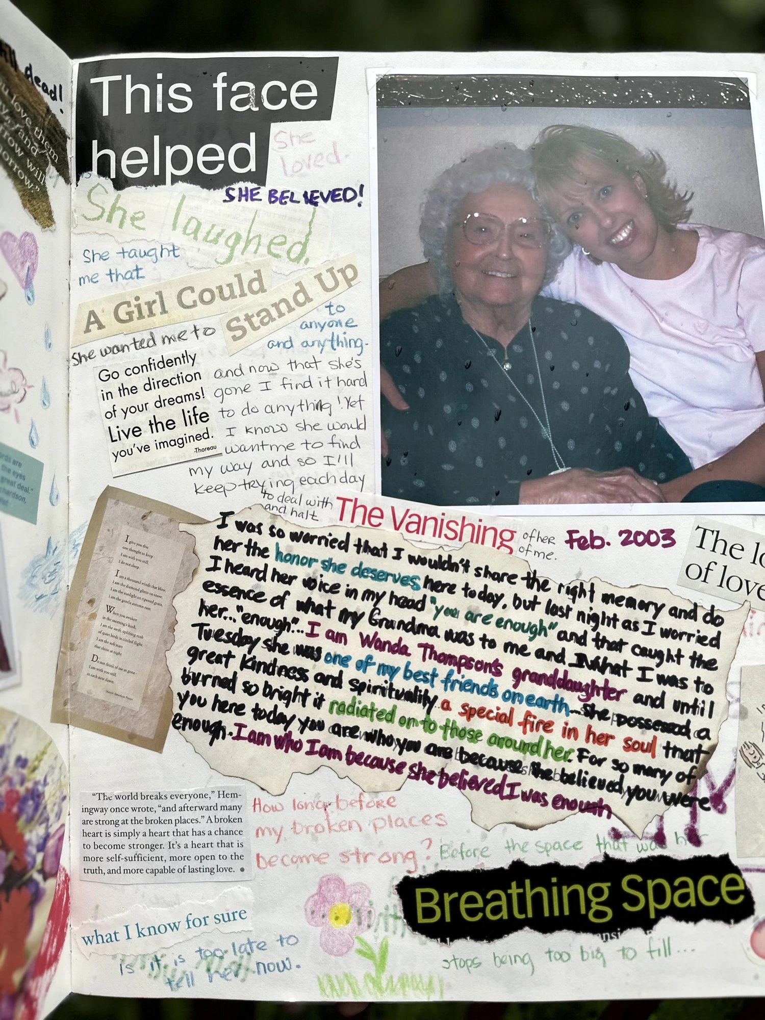 A handwritten Vision Book page titled 'This face helped,' with a photo of a grandmother and granddaughter and layered handwritten reflections.
