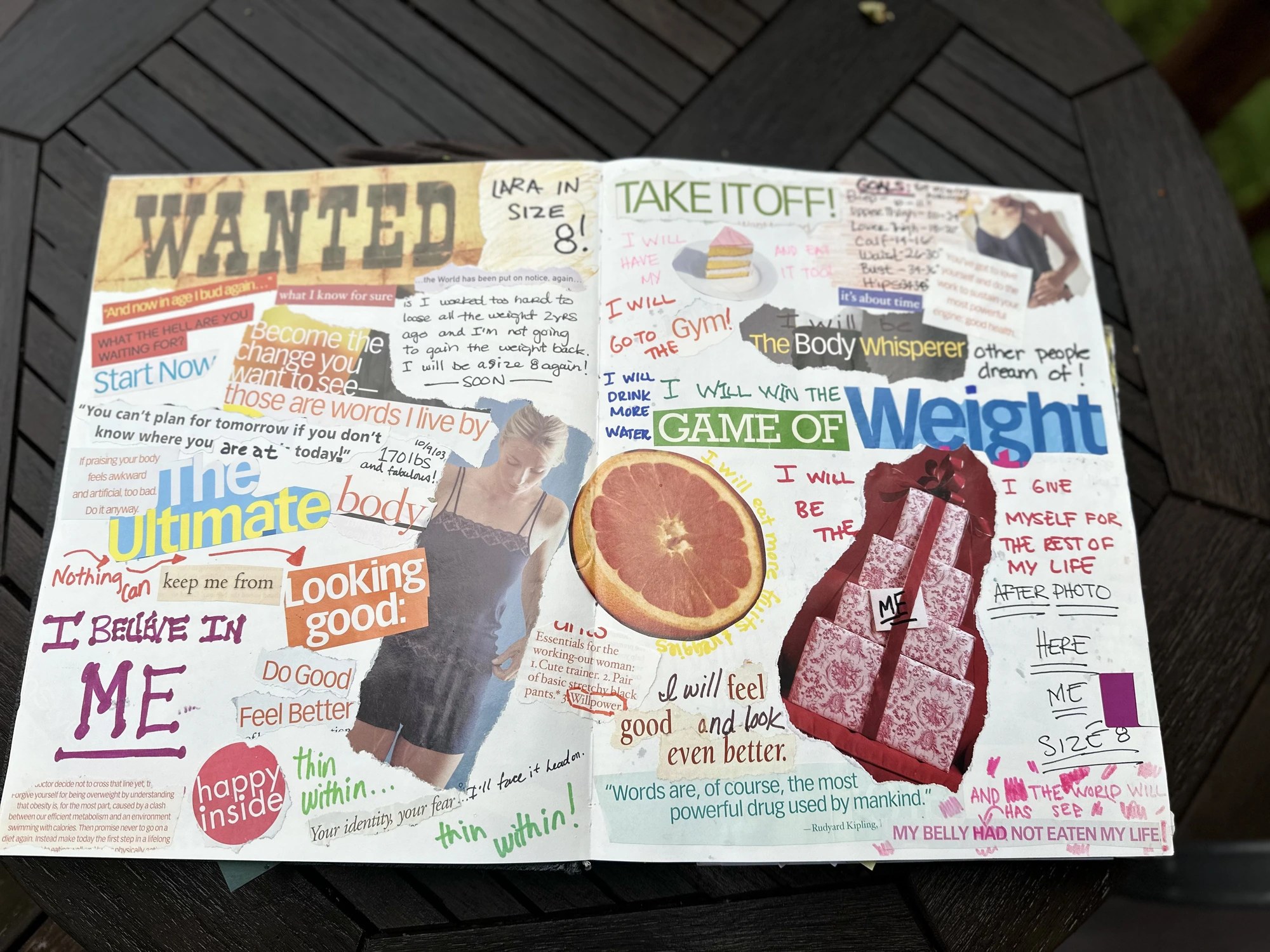 A Vision Book spread about a personal transformation goal, with collaged words like 'Wanted,' 'Take It Off' and 'The Ultimate Body.'