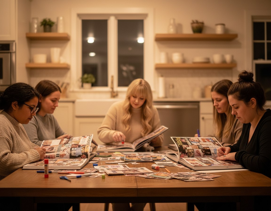 Five women gathered around a kitchen table at night, working together on their Vision Books.