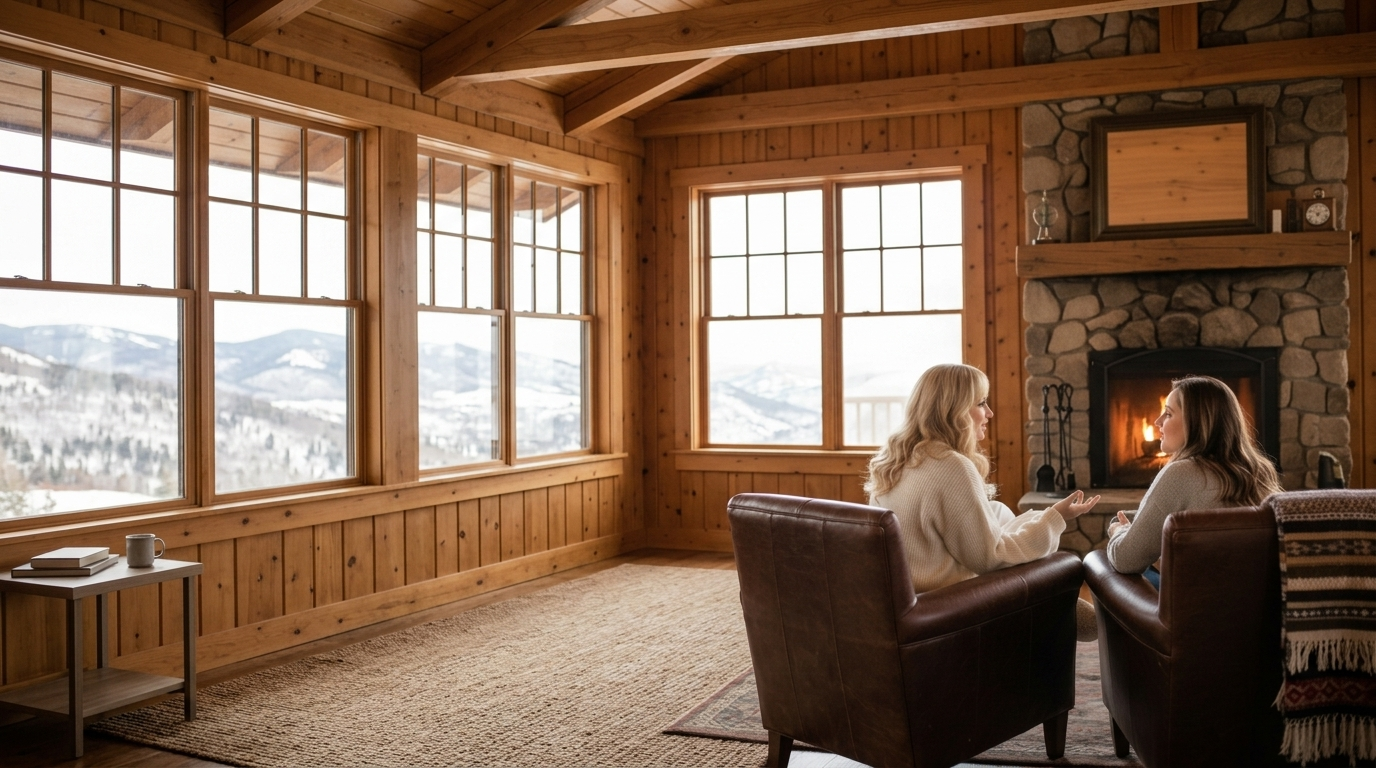 Intimate coaching conversation in a mountain cabin with panoramic windows.