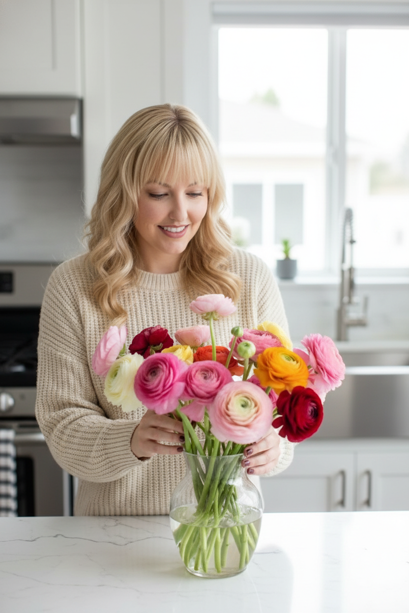 Lara arranging a vase of fresh ranunculus flowers in a bright kitchen.