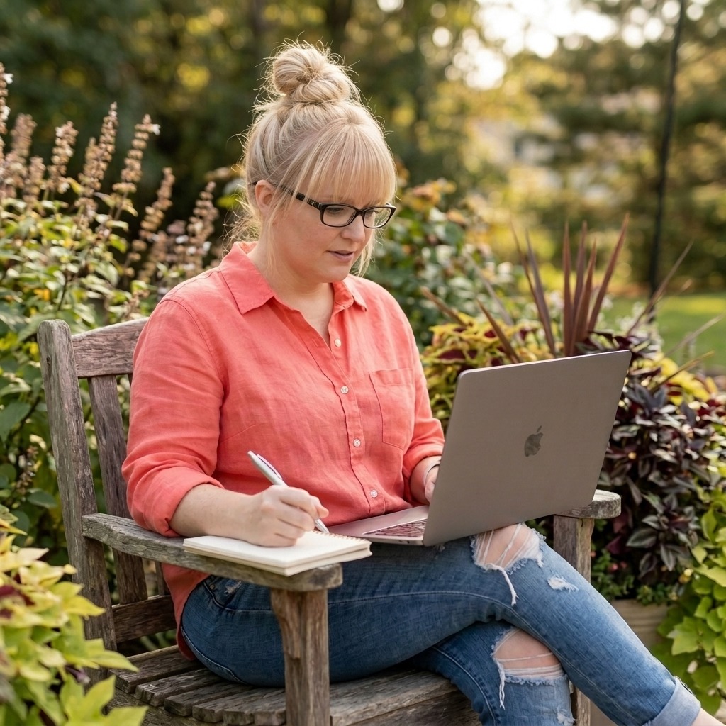 Lara writing in her notebook on a garden bench, laptop resting on her lap.