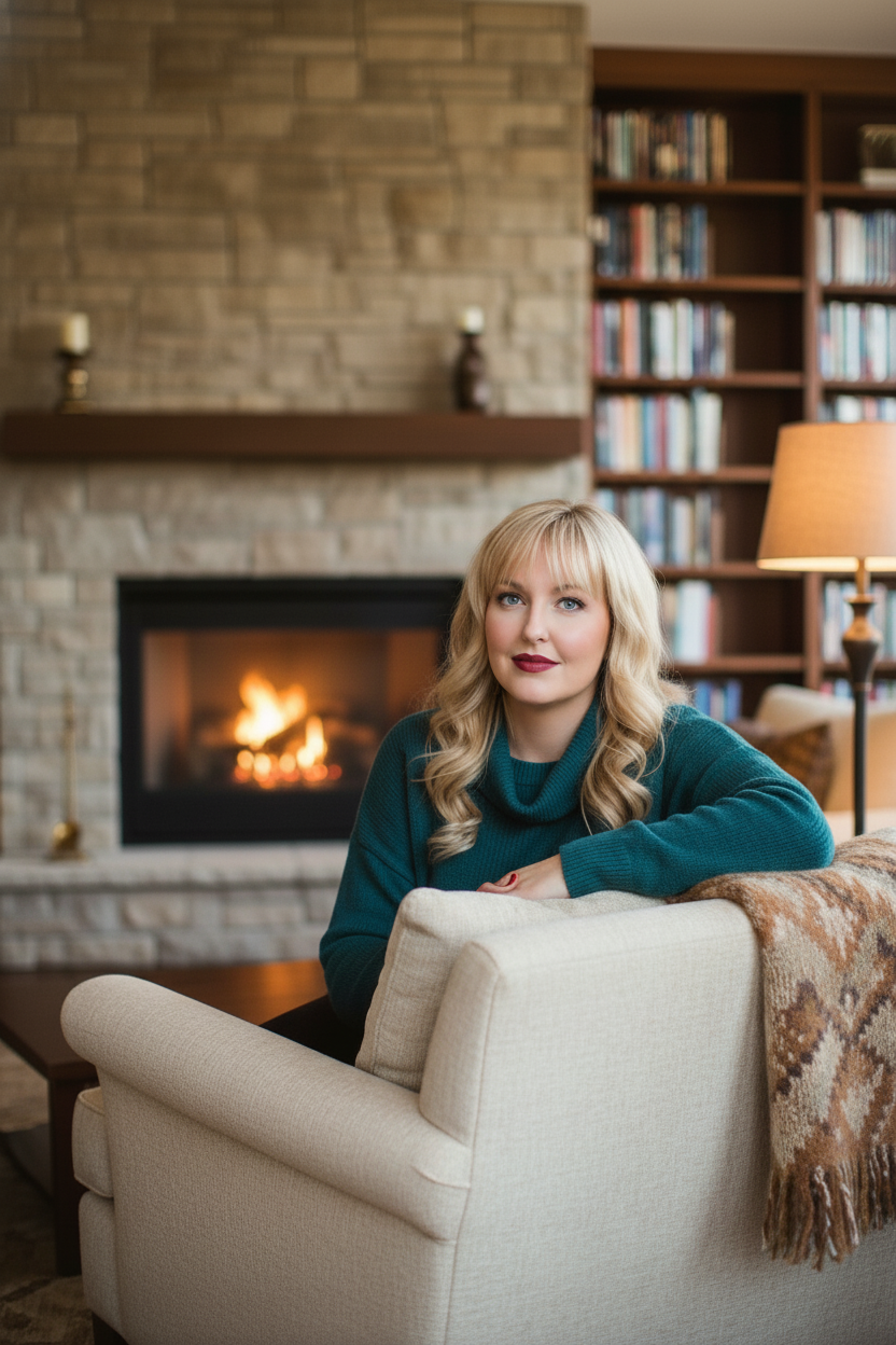 Lara sitting by a warm fireplace in a cozy library, calm and grounded.