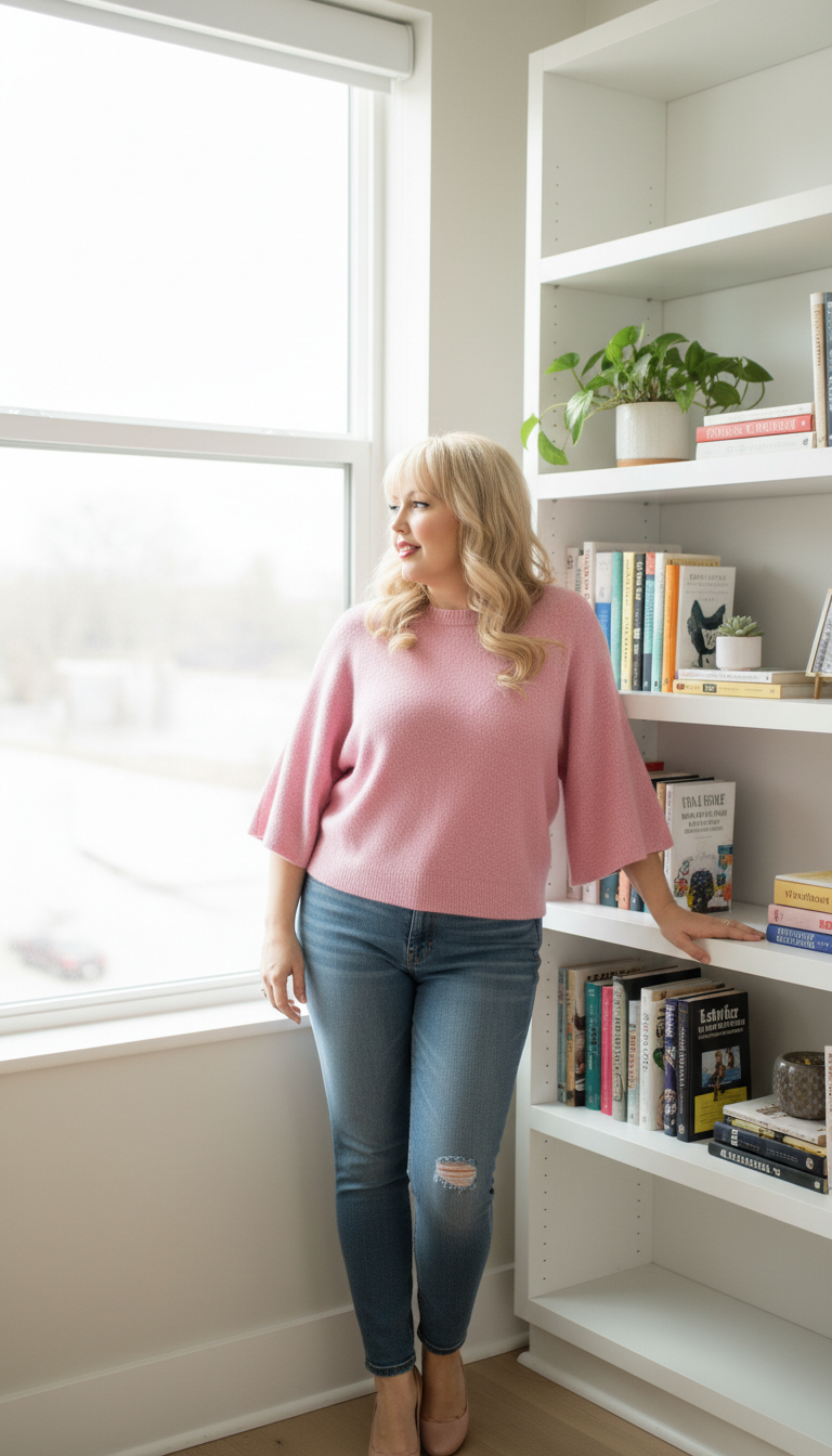 Lara standing by a bright window beside a bookshelf, reflecting quietly.